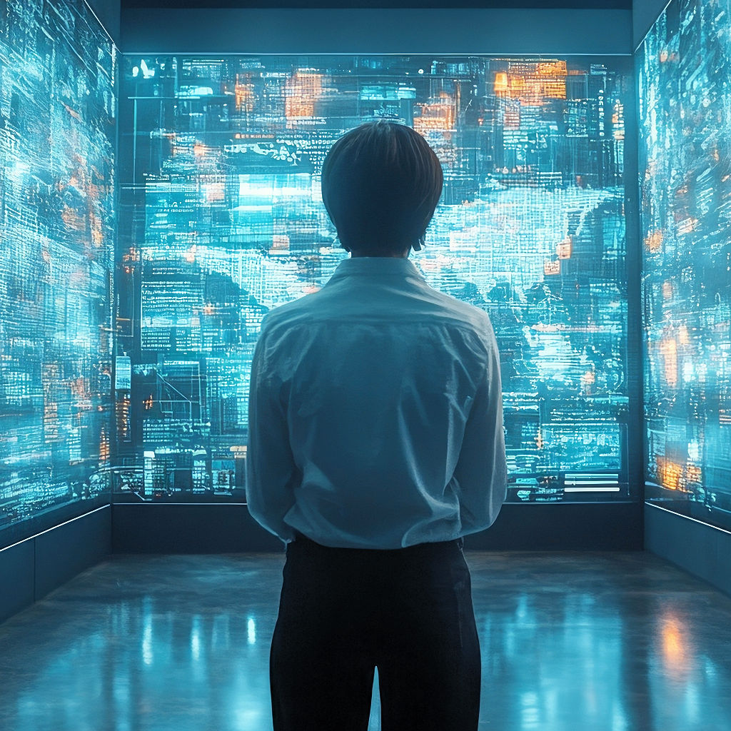 Man looking at News Screens